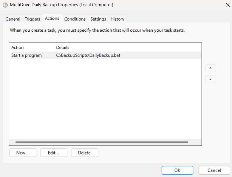 Create Task Actions tab - specify backup CLI script path