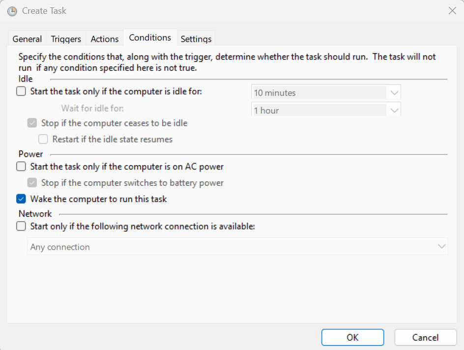 Create Task - Conditions tab