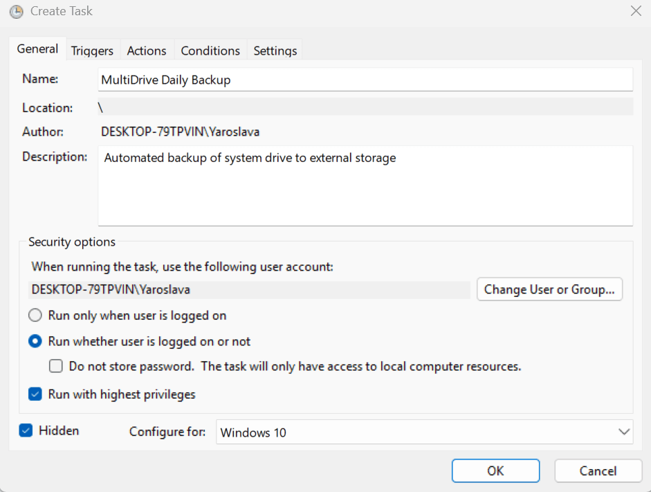 Create Task General tab - configure automated backup task