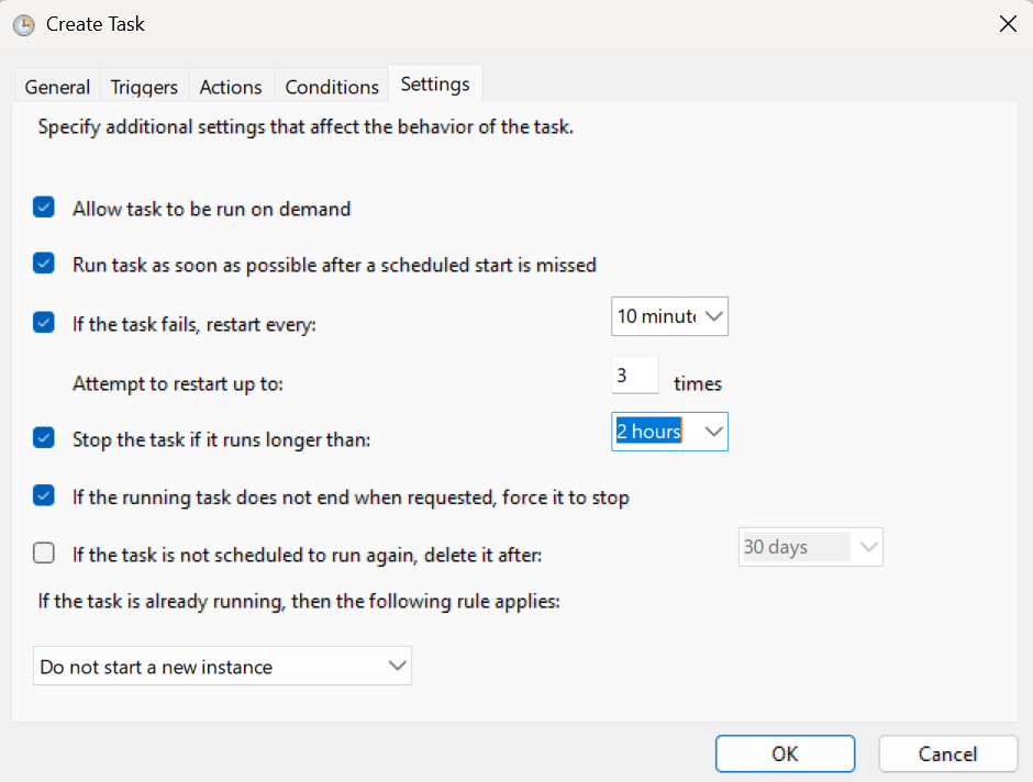 Create Task - Settings tab