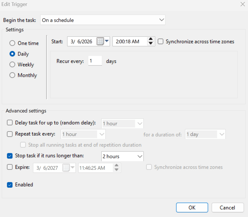 Edit Trigger - set automatic backup daily schedule