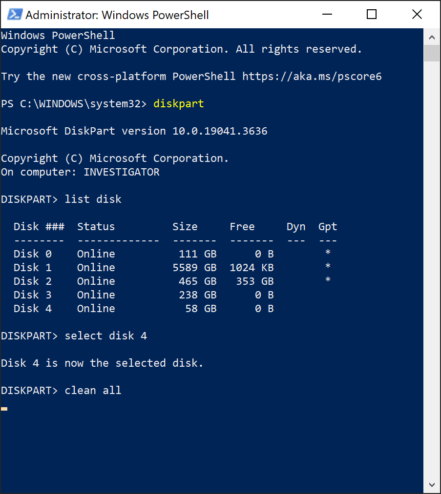 diskpart clean all command example