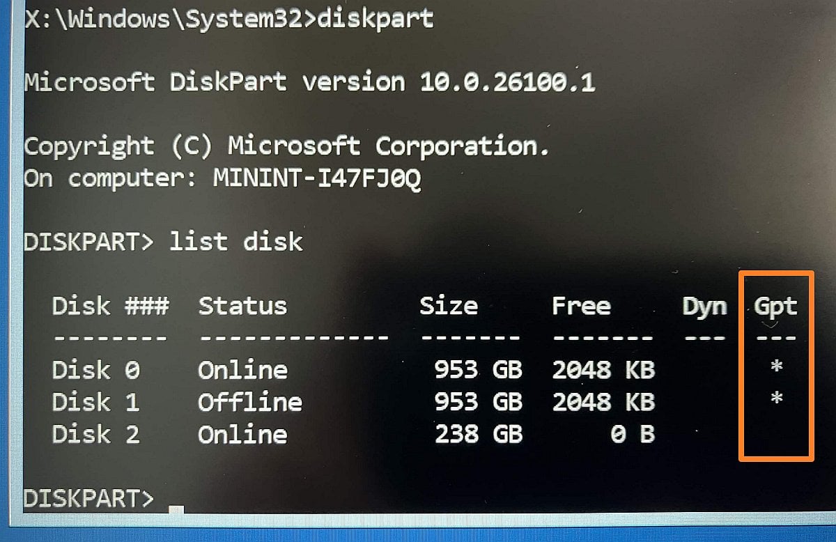 Drives with the GPT partition style have an asterisk next to them