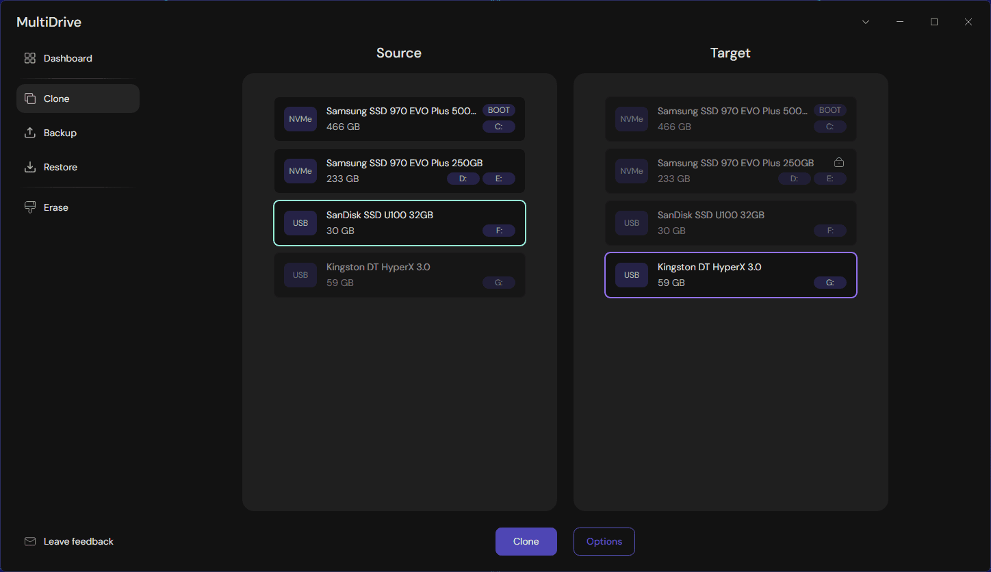 User interface of MultiDrive - free disk cloning software