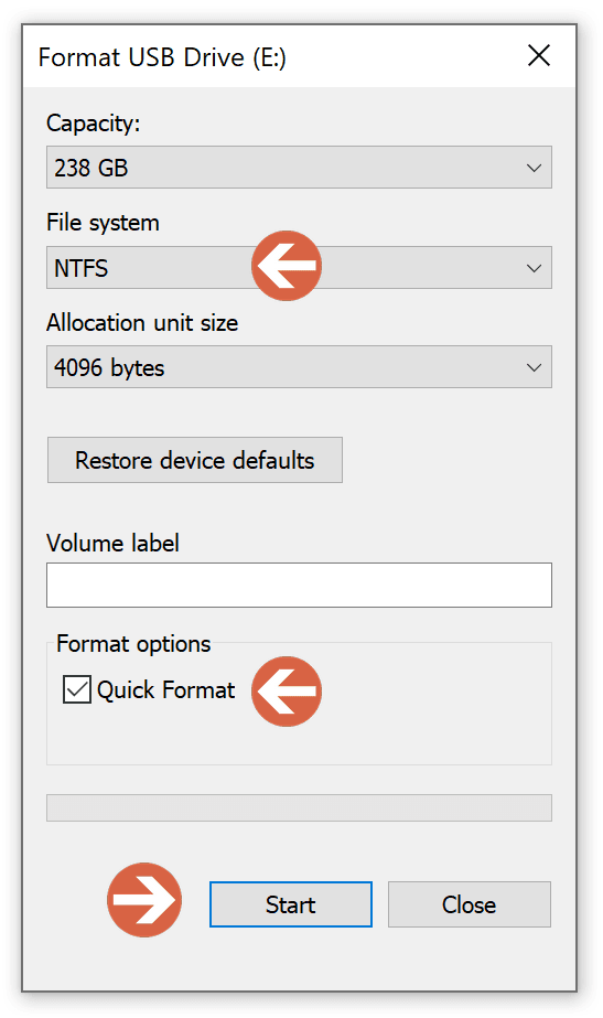 Format a USB drive to NTFS